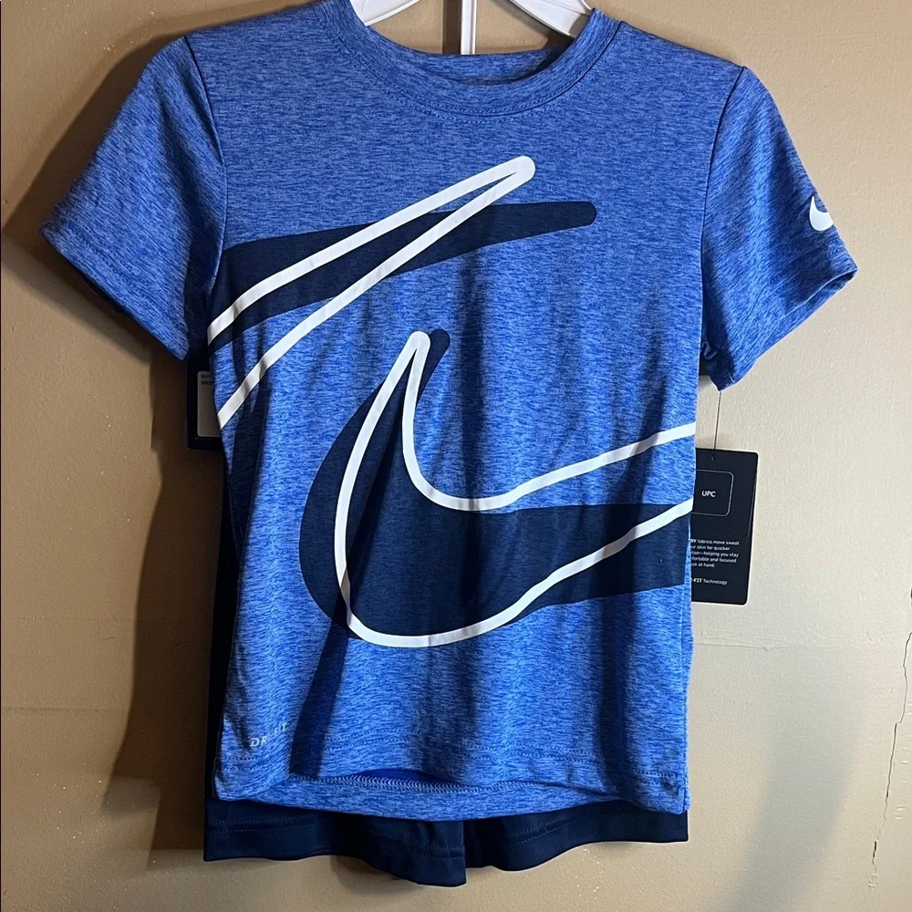 Nike Blue Heather Short Sleeve Tee with White & Navy Swoosh Shorts - Picture 4 of 6